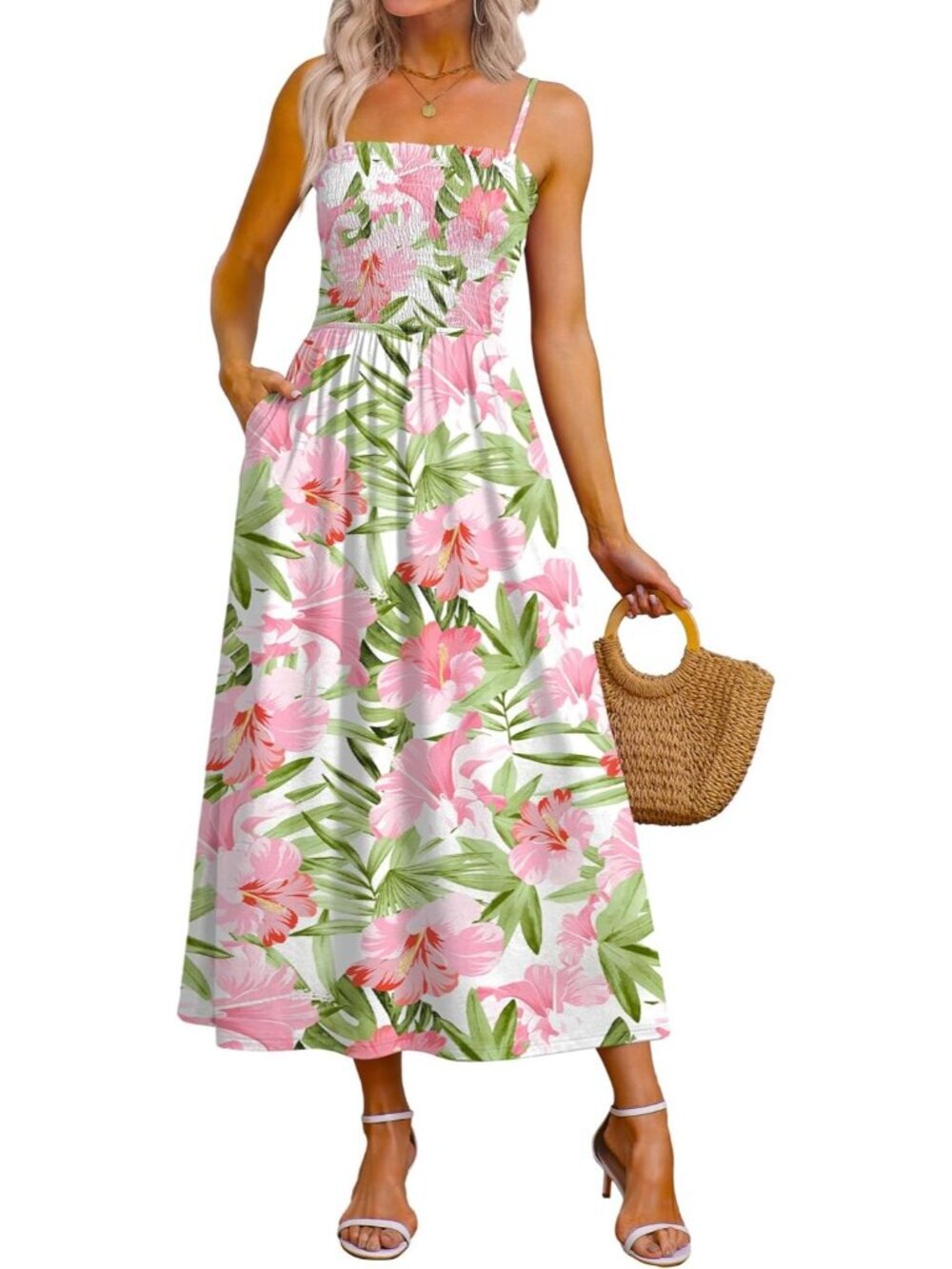 Women's Hawaii Floral Spaghetti Strap Smocked Casual Boho Beach Long Maxi Dress
